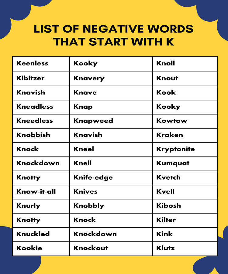 List Of Negative Words That Start With K With Definitions