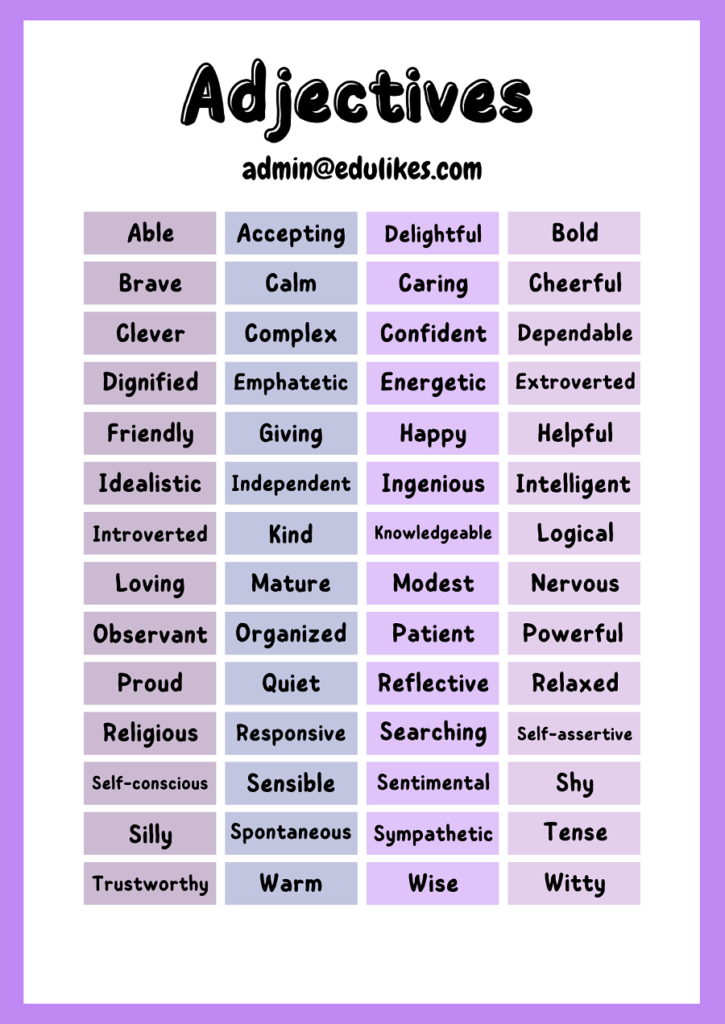 What Is An Adjective Types List Of Adjectives A Z   Violet Simple Adjectives A4 Document 1 725x1024 